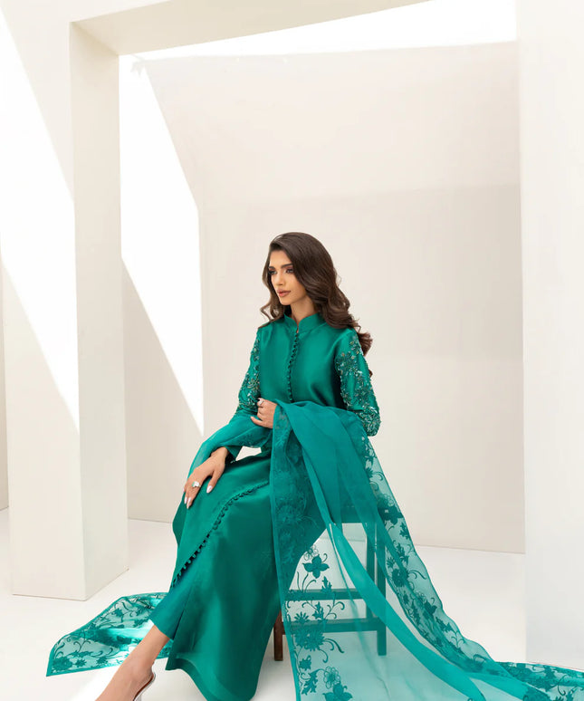 Eleanor | Green Pure Silk Hand Embellished Dress