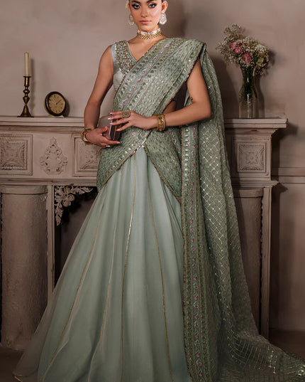 AMEERAN | Sea Green Tusel Silk Embroidered Embellished Saree with Skirt