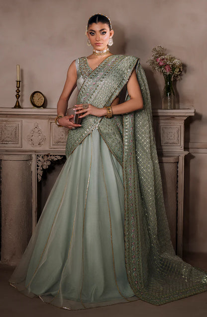 AMEERAN | Sea Green Tusel Silk Embroidered Embellished Saree