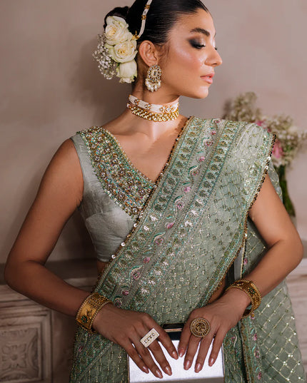 AMEERAN | Sea Green Tusel Silk Embroidered Embellished Saree with Skirt
