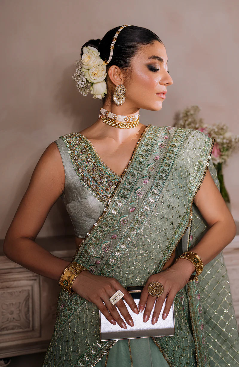 AMEERAN | Sea Green Tusel Silk Embroidered Embellished Saree