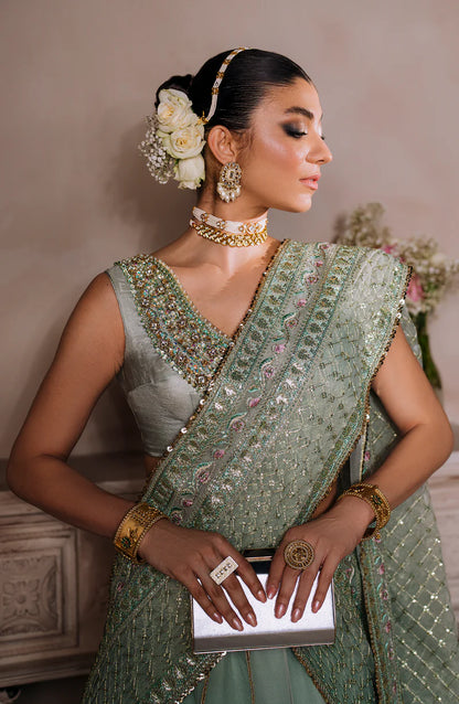 AMEERAN | Sea Green Tusel Silk Embroidered Embellished Saree