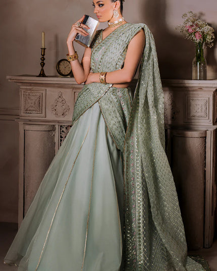 AMEERAN | Sea Green Tusel Silk Embroidered Embellished Saree with Skirt