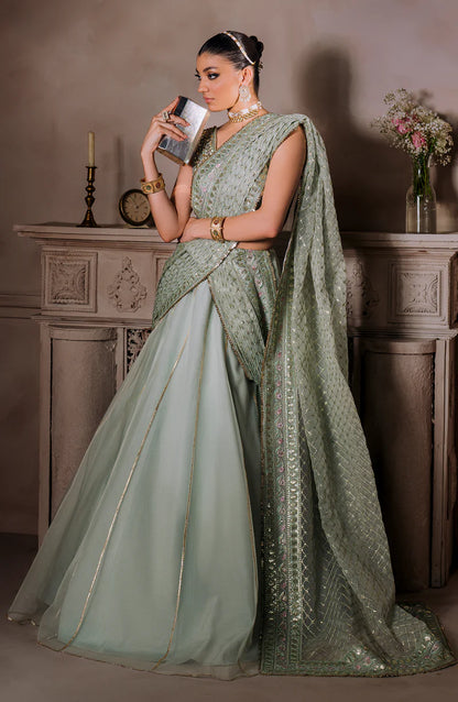 AMEERAN | Sea Green Tusel Silk Embroidered Embellished Saree