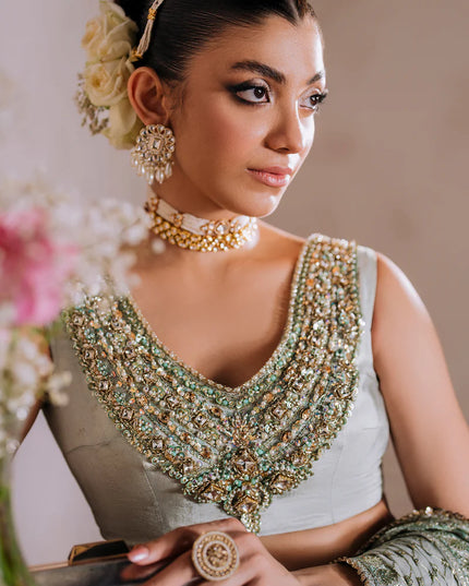 AMEERAN | Sea Green Tusel Silk Embroidered Embellished Saree with Skirt