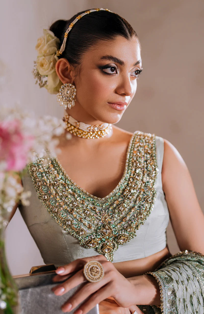 AMEERAN | Sea Green Tusel Silk Embroidered Embellished Saree