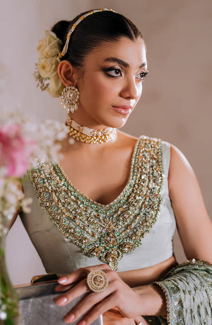 AMEERAN | Sea Green Tusel Silk Embroidered Embellished Saree