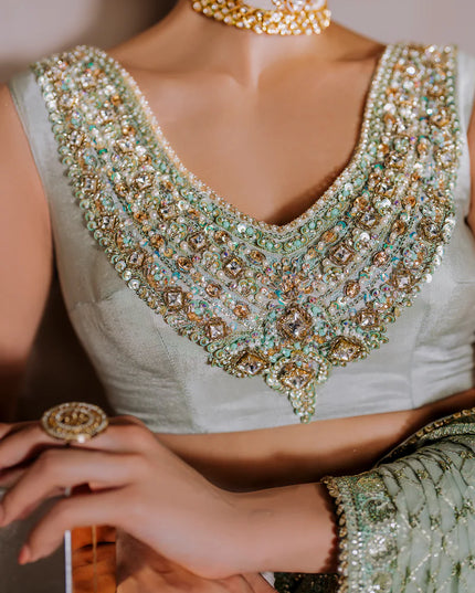 AMEERAN | Sea Green Tusel Silk Embroidered Embellished Saree with Skirt
