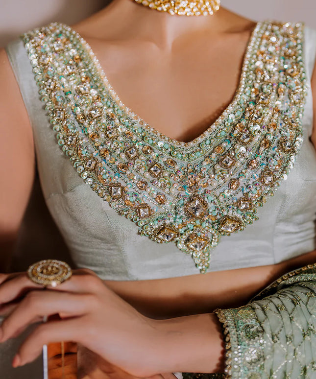 AMEERAN | Sea Green Tusel Silk Embroidered Embellished Saree with Skirt
