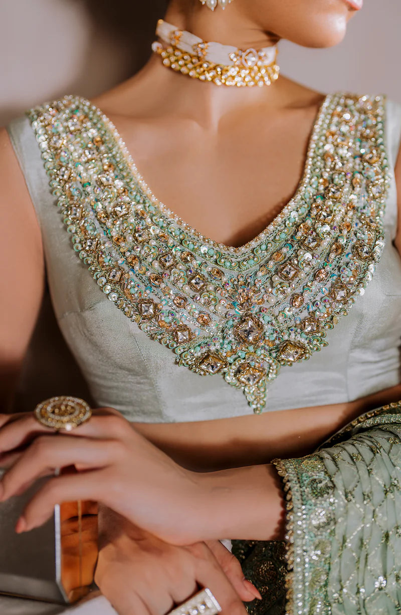 AMEERAN | Sea Green Tusel Silk Embroidered Embellished Saree