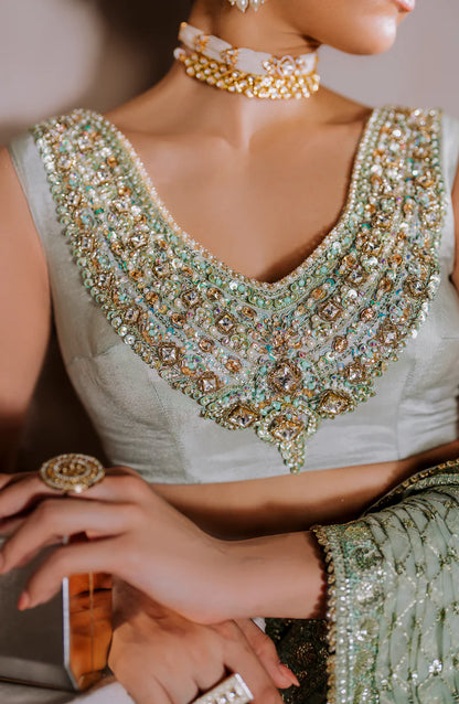 AMEERAN | Sea Green Tusel Silk Embroidered Embellished Saree