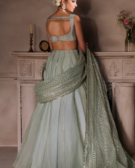 AMEERAN | Sea Green Tusel Silk Embroidered Embellished Saree with Skirt