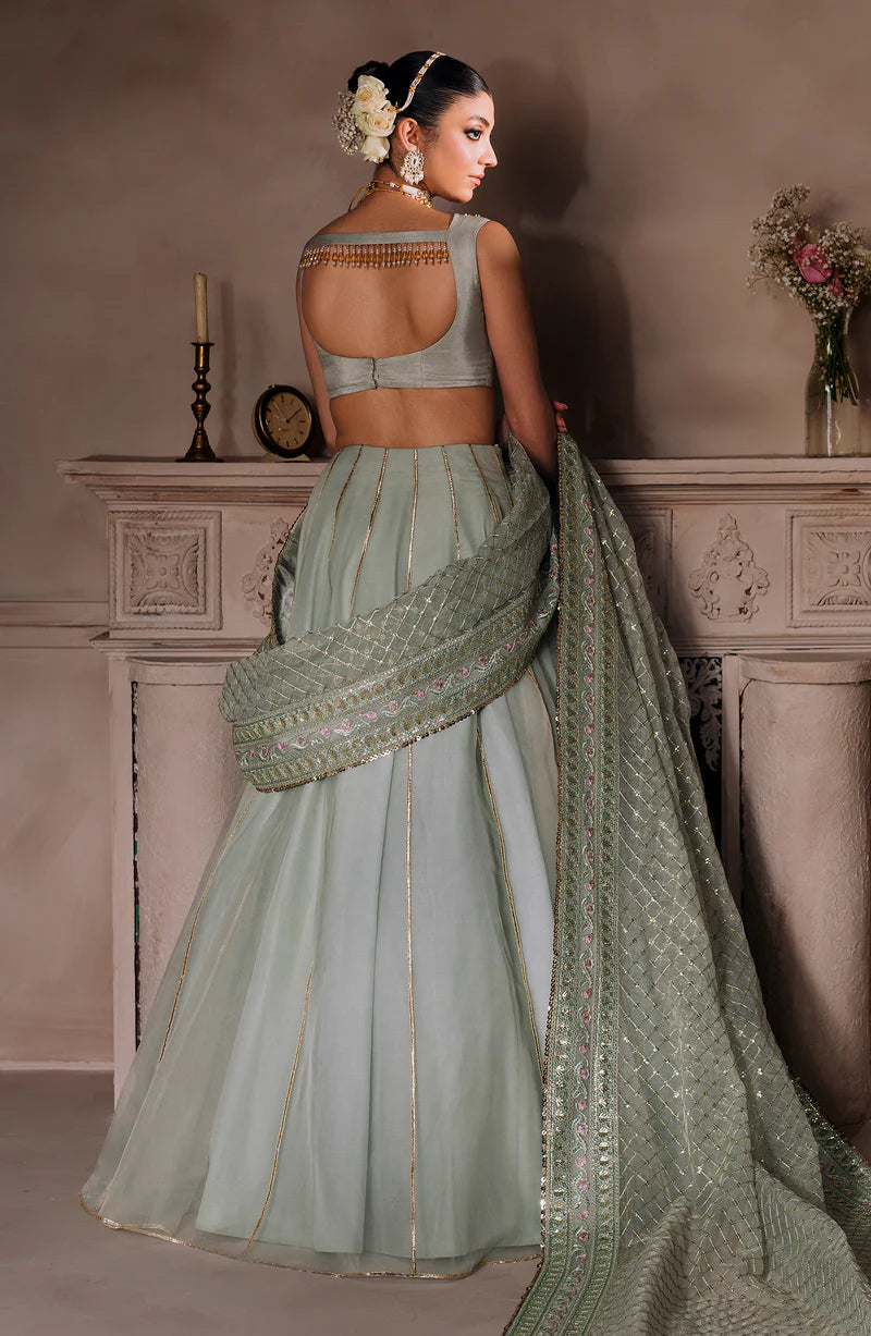 AMEERAN | Sea Green Tusel Silk Embroidered Embellished Saree