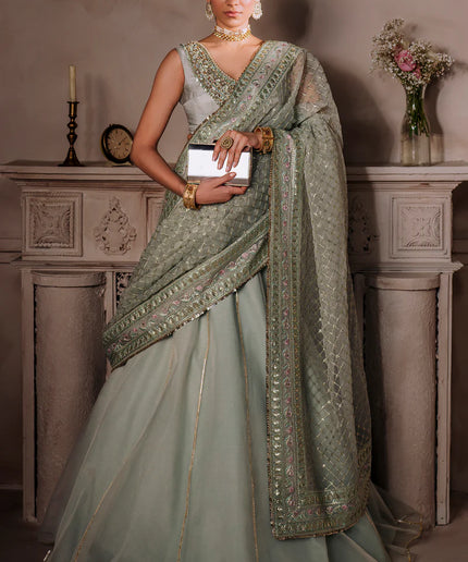 AMEERAN | Sea Green Tusel Silk Embroidered Embellished Saree with Skirt