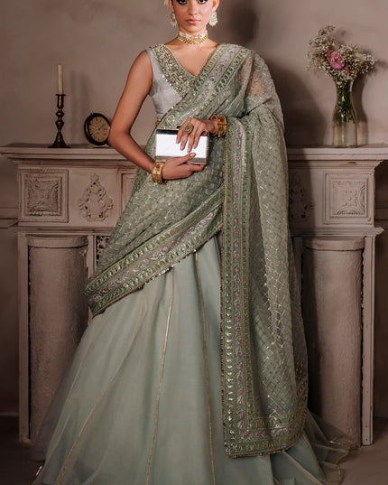 AMEERAN | Sea Green Tusel Silk Embroidered Embellished Saree with Skirt