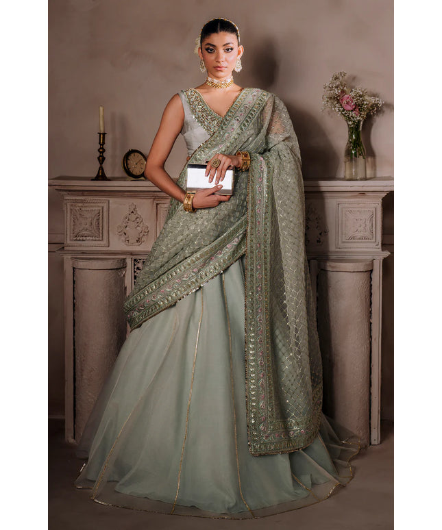 AMEERAN | Sea Green Tusel Silk Embroidered Embellished Saree with Skirt