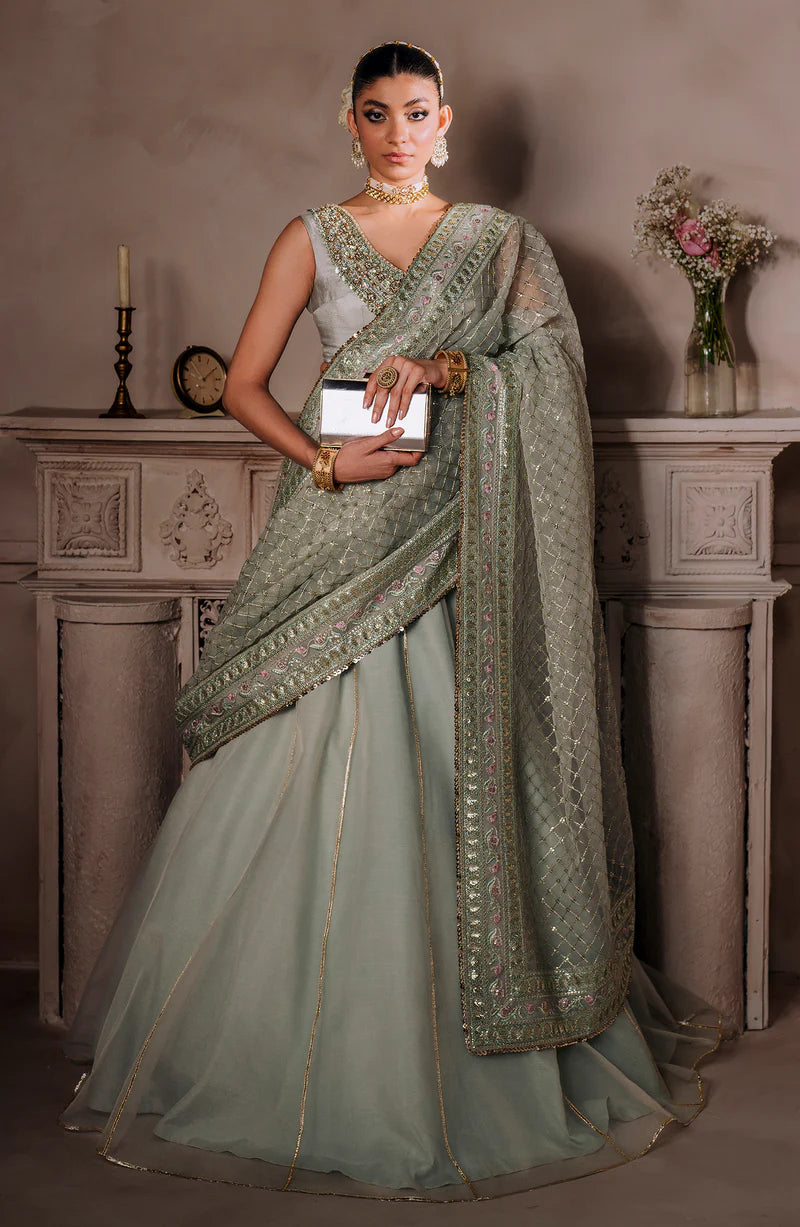AMEERAN | Sea Green Tusel Silk Embroidered Embellished Saree