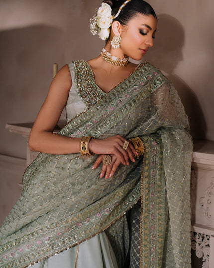 AMEERAN | Sea Green Tusel Silk Embroidered Embellished Saree with Skirt