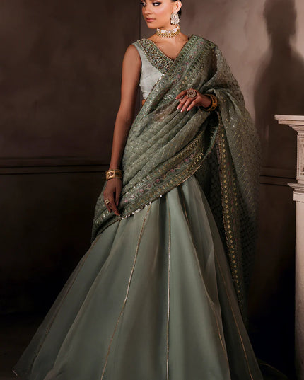 AMEERAN | Sea Green Tusel Silk Embroidered Embellished Saree with Skirt