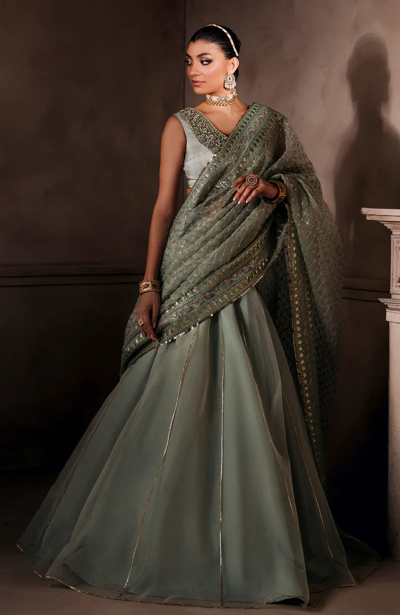 AMEERAN | Sea Green Tusel Silk Embroidered Embellished Saree
