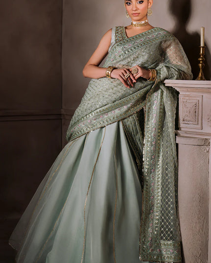 AMEERAN | Sea Green Tusel Silk Embroidered Embellished Saree with Skirt