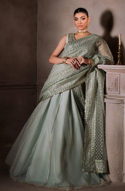 AMEERAN | Sea Green Tusel Silk Embroidered Embellished Saree
