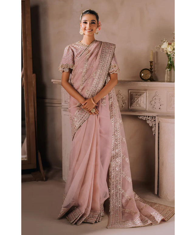 MALLIKA JAAN | Pastel Pink Silk Embroidered Embellished Saree