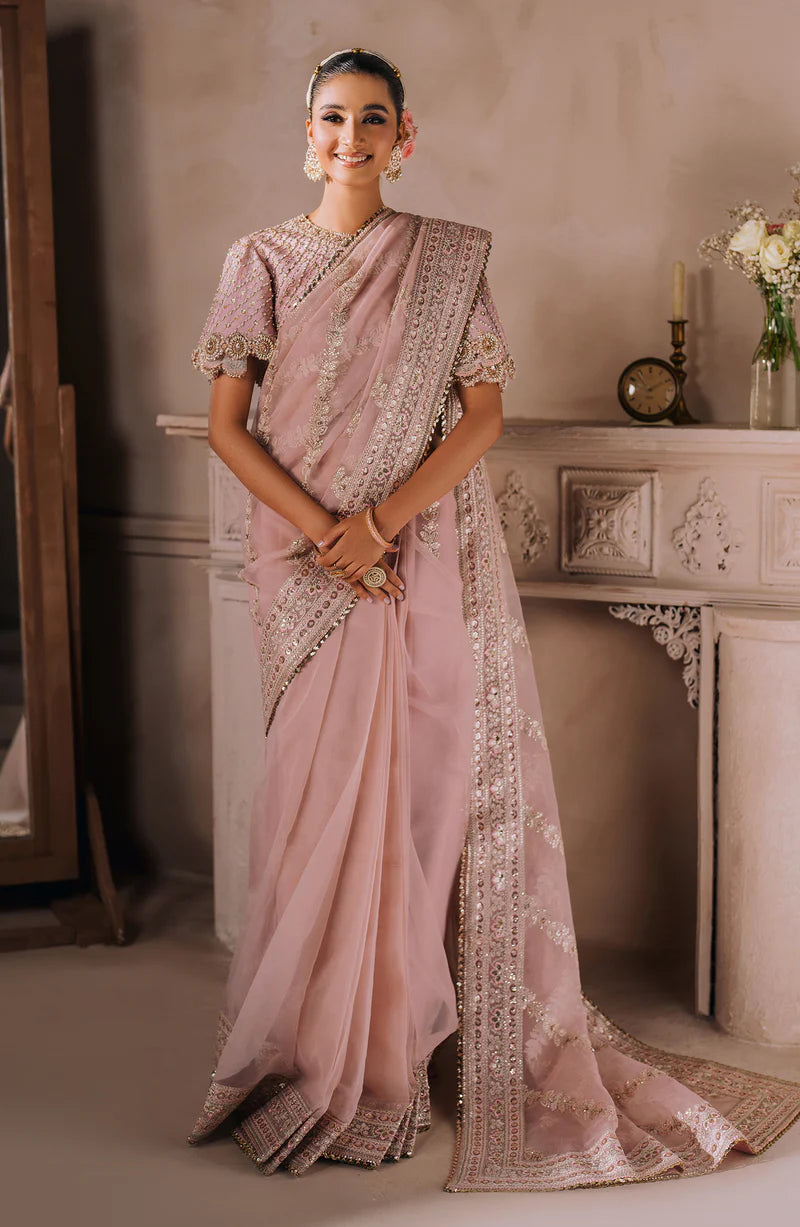 MALLIKA JAAN | Pastel Pink Silk Embroidered Embellished Saree