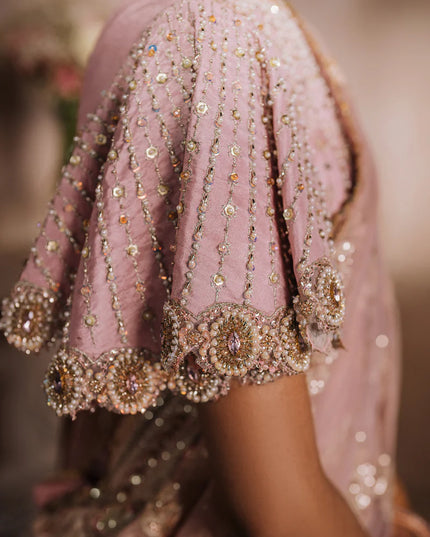 MALLIKA JAAN | Pastel Pink Silk Embroidered Embellished Saree