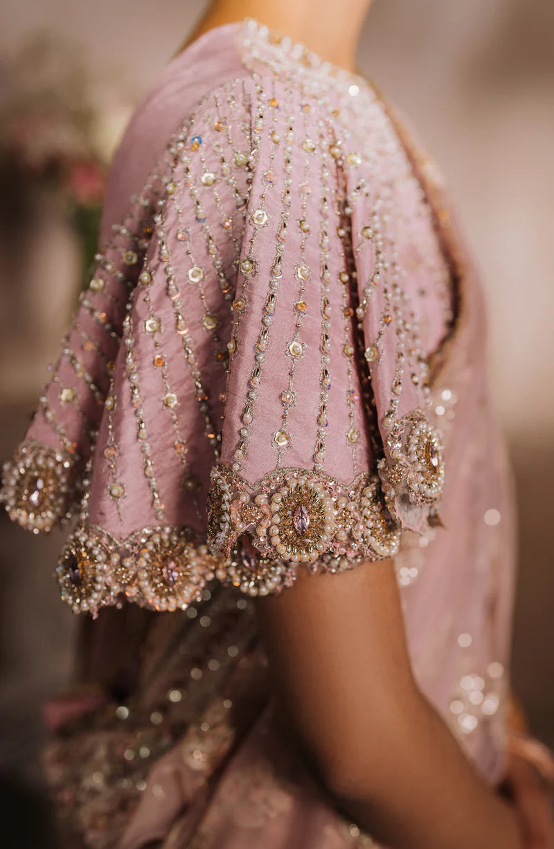 MALLIKA JAAN | Pastel Pink Silk Embroidered Embellished Saree