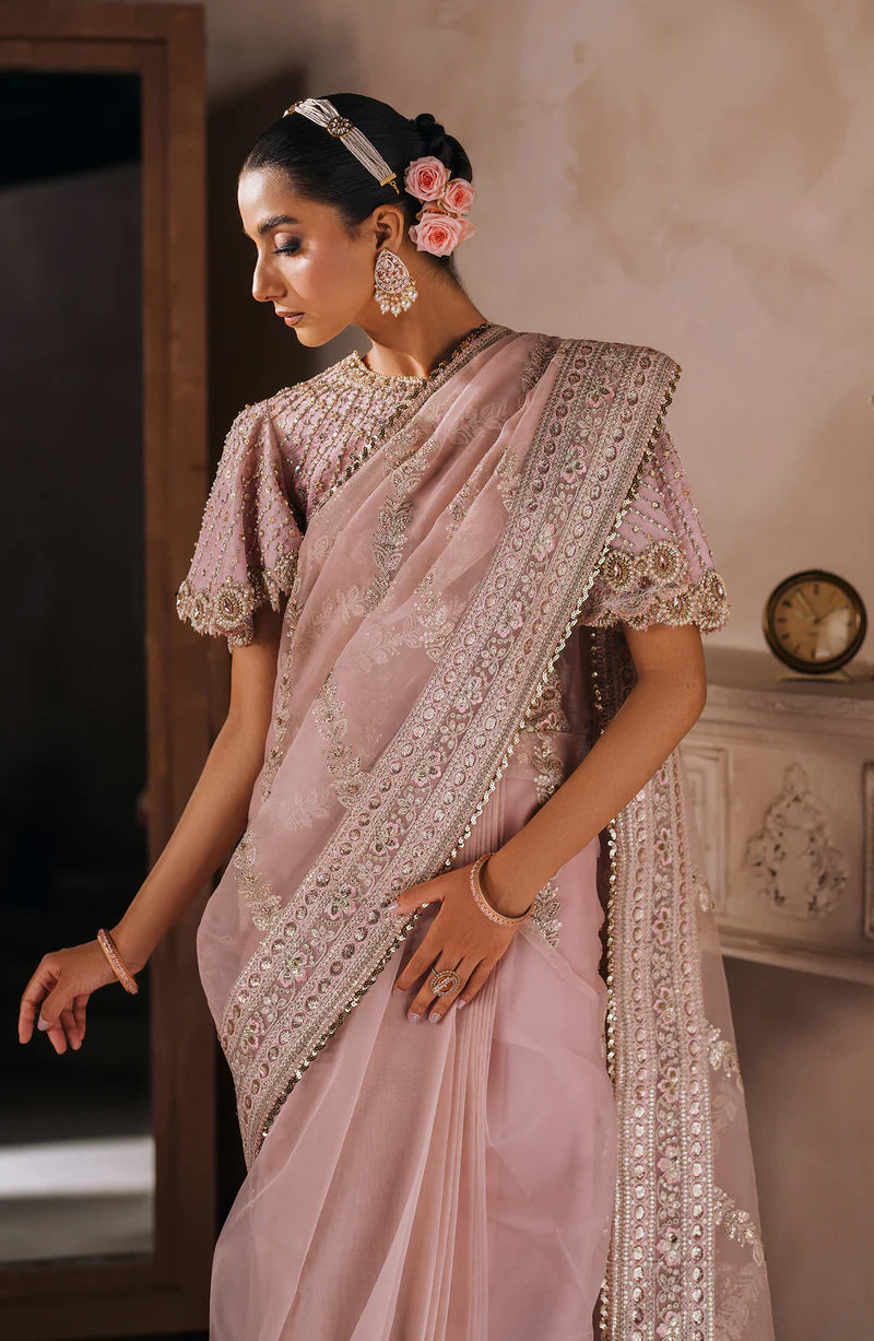 MALLIKA JAAN | Pastel Pink Silk Embroidered Embellished Saree