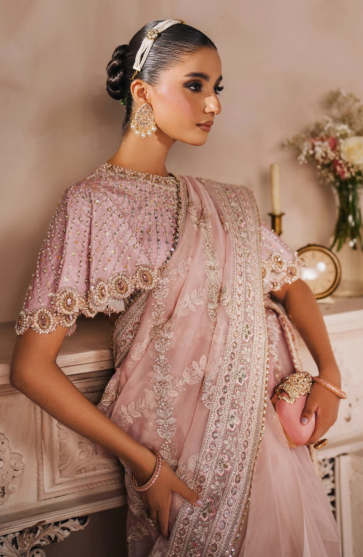 MALLIKA JAAN | Pastel Pink Silk Embroidered Embellished Saree