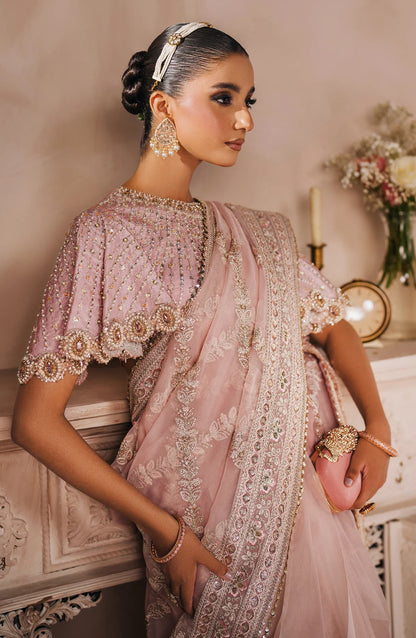 MALLIKA JAAN | Pastel Pink Silk Embroidered Embellished Saree