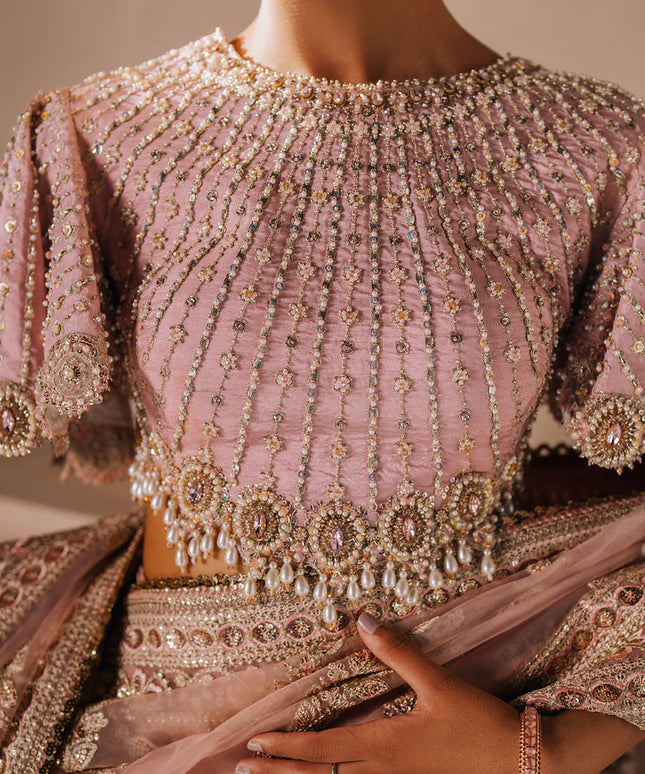 MALLIKA JAAN | Pastel Pink Silk Embroidered Embellished Saree