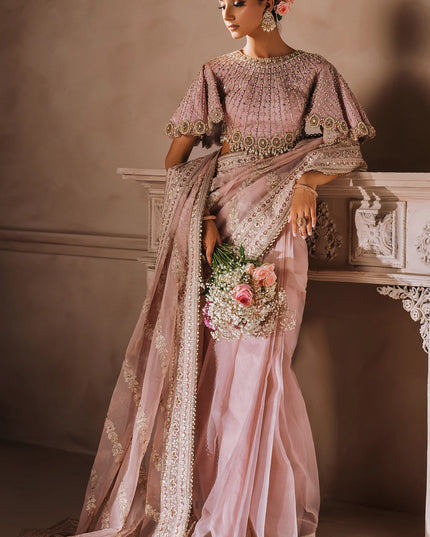 MALLIKA JAAN | Pastel Pink Silk Embroidered Embellished Saree