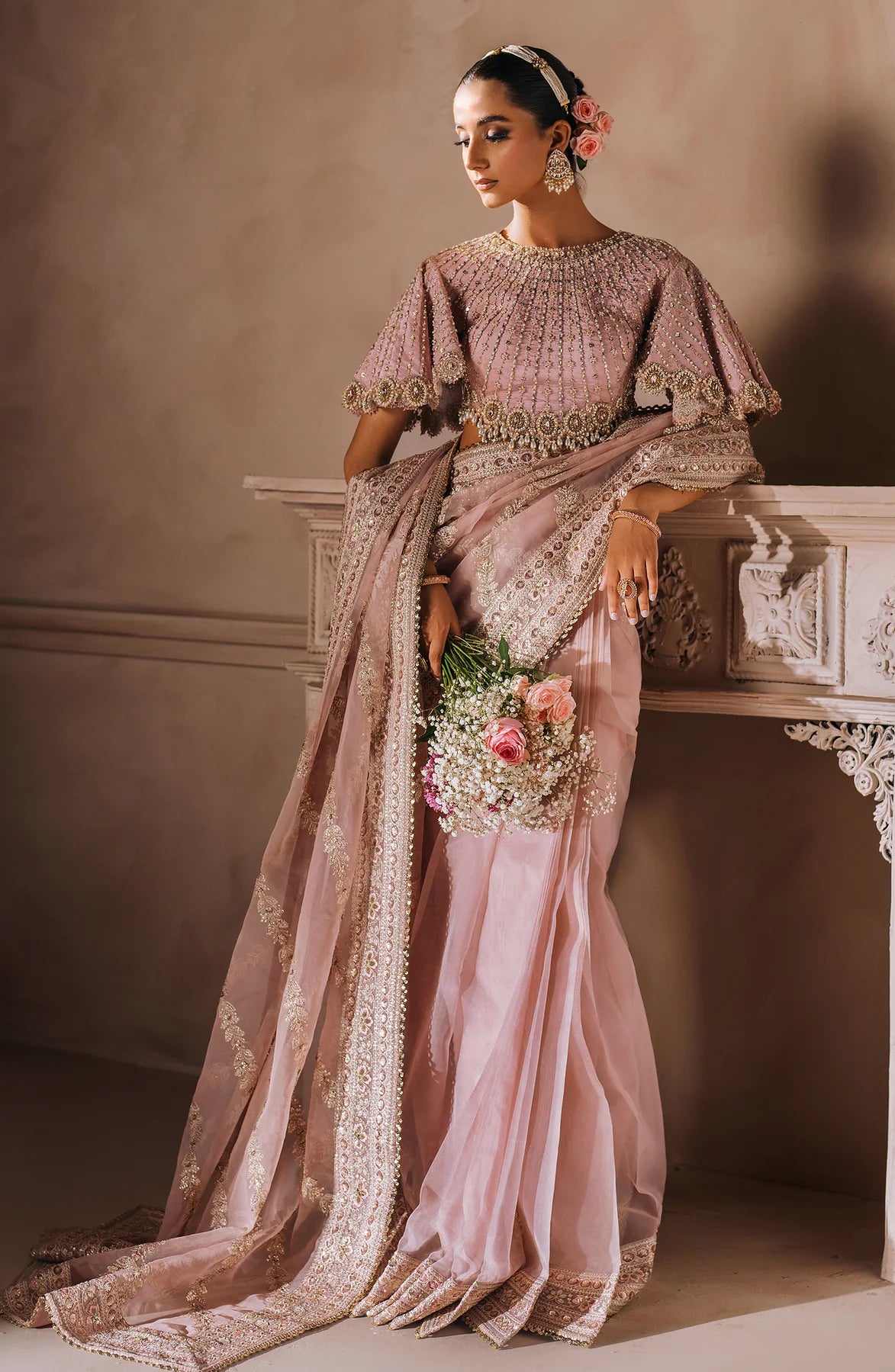 MALLIKA JAAN | Pastel Pink Silk Embroidered Embellished Saree