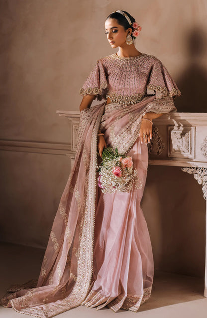 MALLIKA JAAN | Pastel Pink Silk Embroidered Embellished Saree