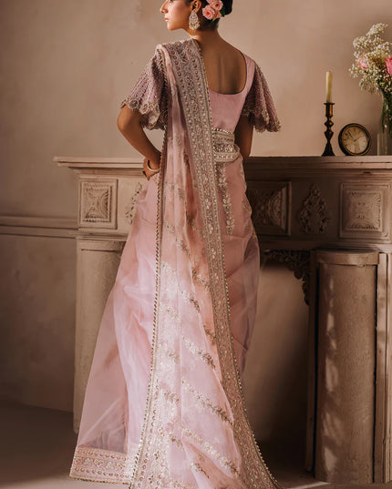 MALLIKA JAAN | Pastel Pink Silk Embroidered Embellished Saree