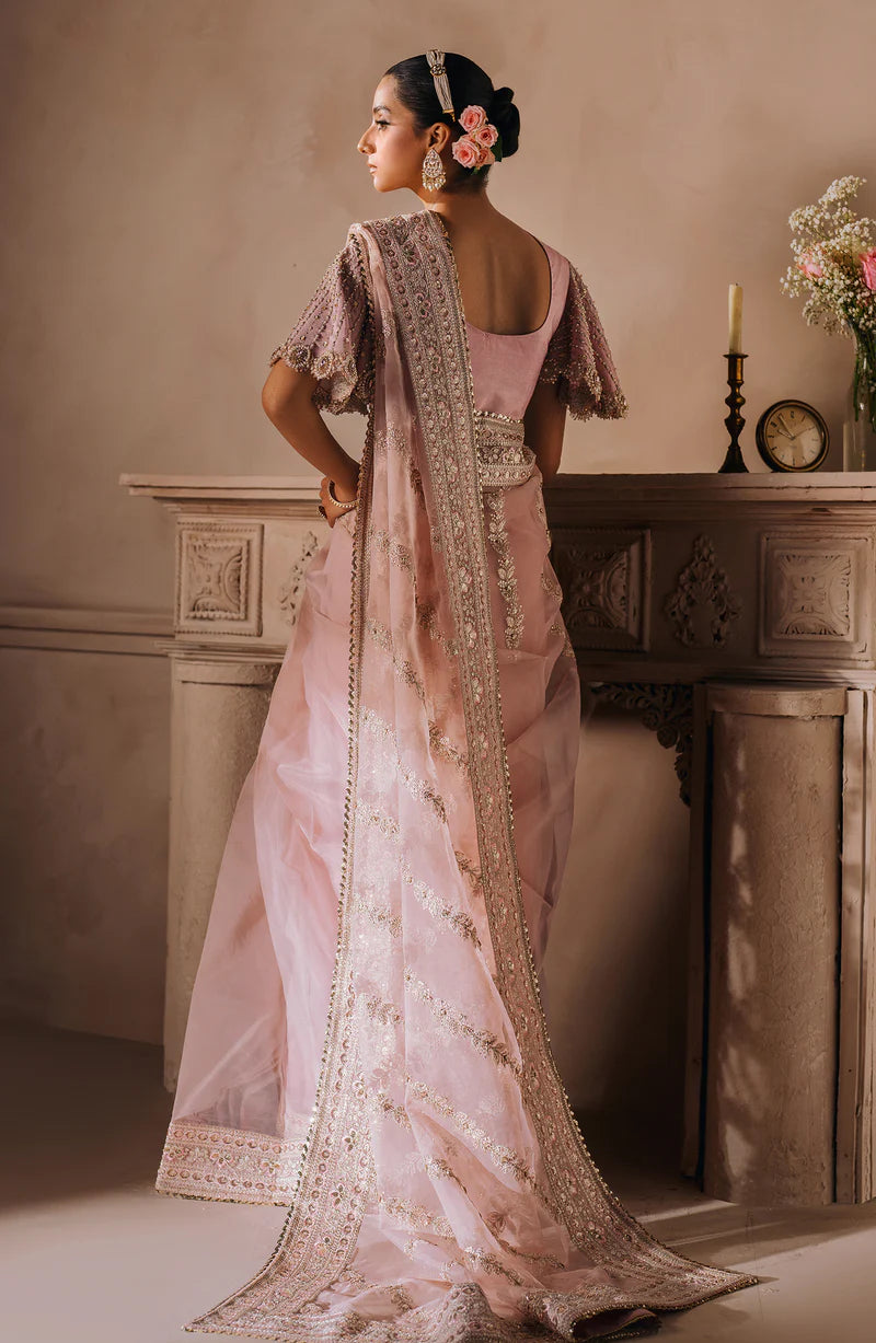 MALLIKA JAAN | Pastel Pink Silk Embroidered Embellished Saree