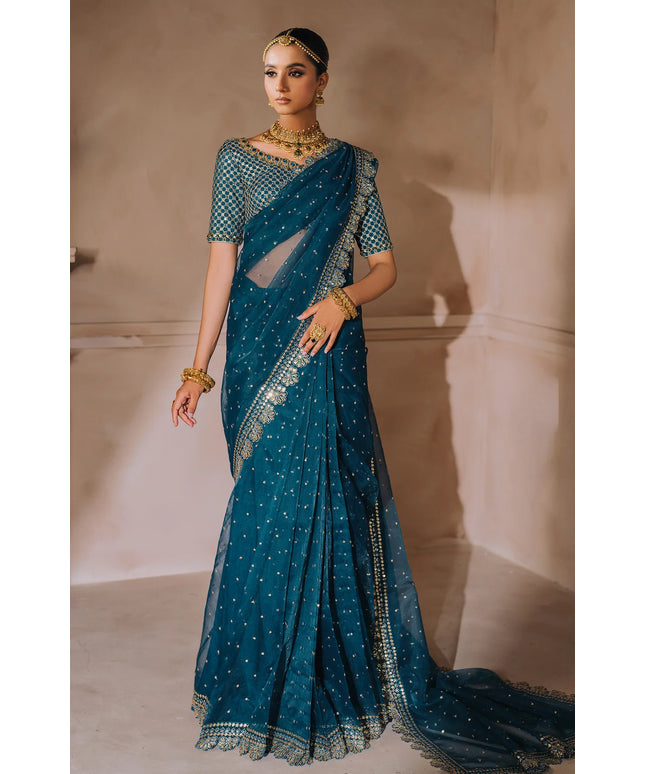 NEELO JAAN | Teal Green Silk Embroidered Embellished Saree