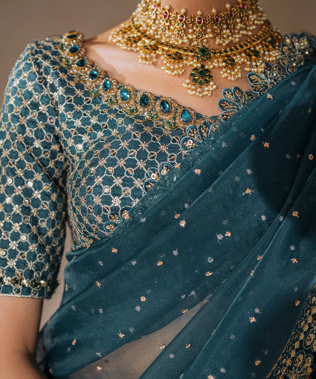 NEELO JAAN | Teal Green Silk Embroidered Embellished Saree