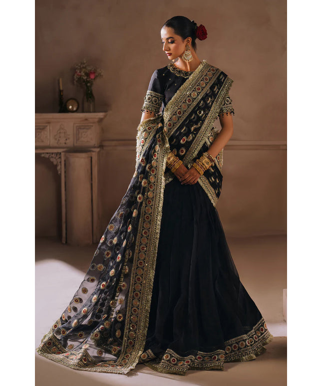 SAL JAAN | Black Tusel Silk Embroidered Embellished Saree