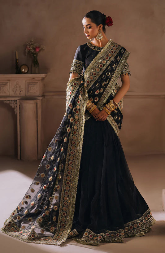 SAL JAAN | Black Tusel Silk Embroidered Embellished Saree
