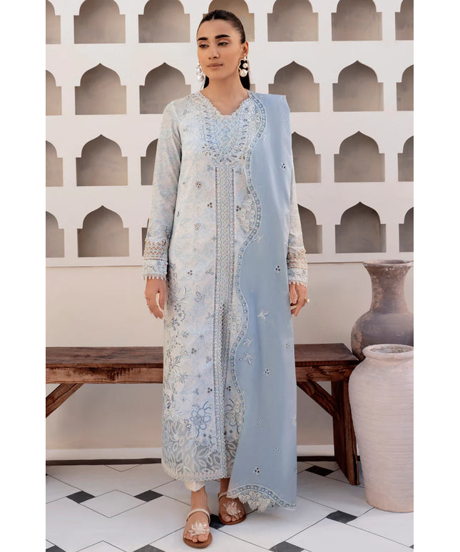 Qalamkar | Light Blue Embroidered Lawn Suit