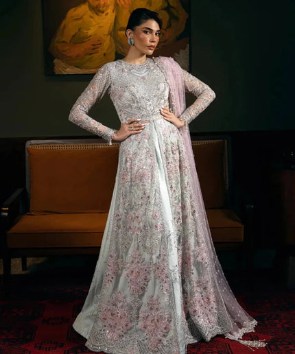 Saira Rizwan | Light Blue Net Embroidered Embellished Pishwas Lehenga