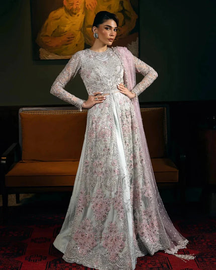 Saira Rizwan | Light Blue Net Embroidered Embellished Pishwas Lehenga