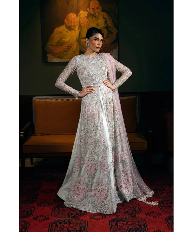 Saira Rizwan | Light Blue Net Embroidered Embellished Pishwas Lehenga