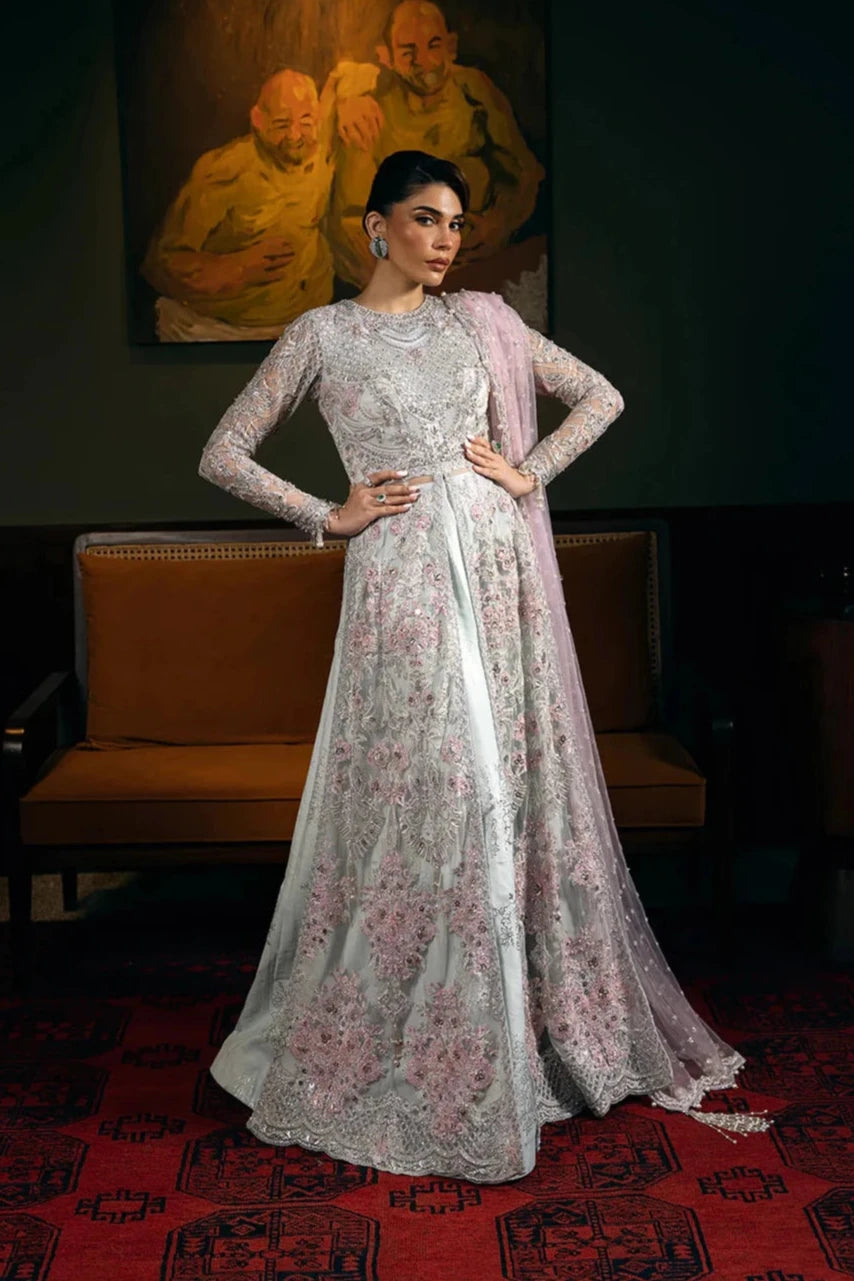 Saira Rizwan | Light Blue Net Embroidered Embellished Pishwas Lehenga