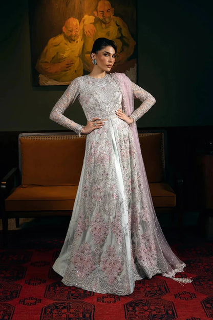 Saira Rizwan | Light Blue Net Embroidered Embellished Pishwas Lehenga