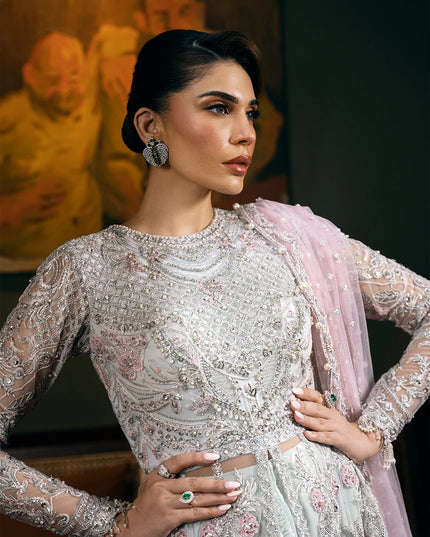 Saira Rizwan | Light Blue Net Embroidered Embellished Pishwas Lehenga